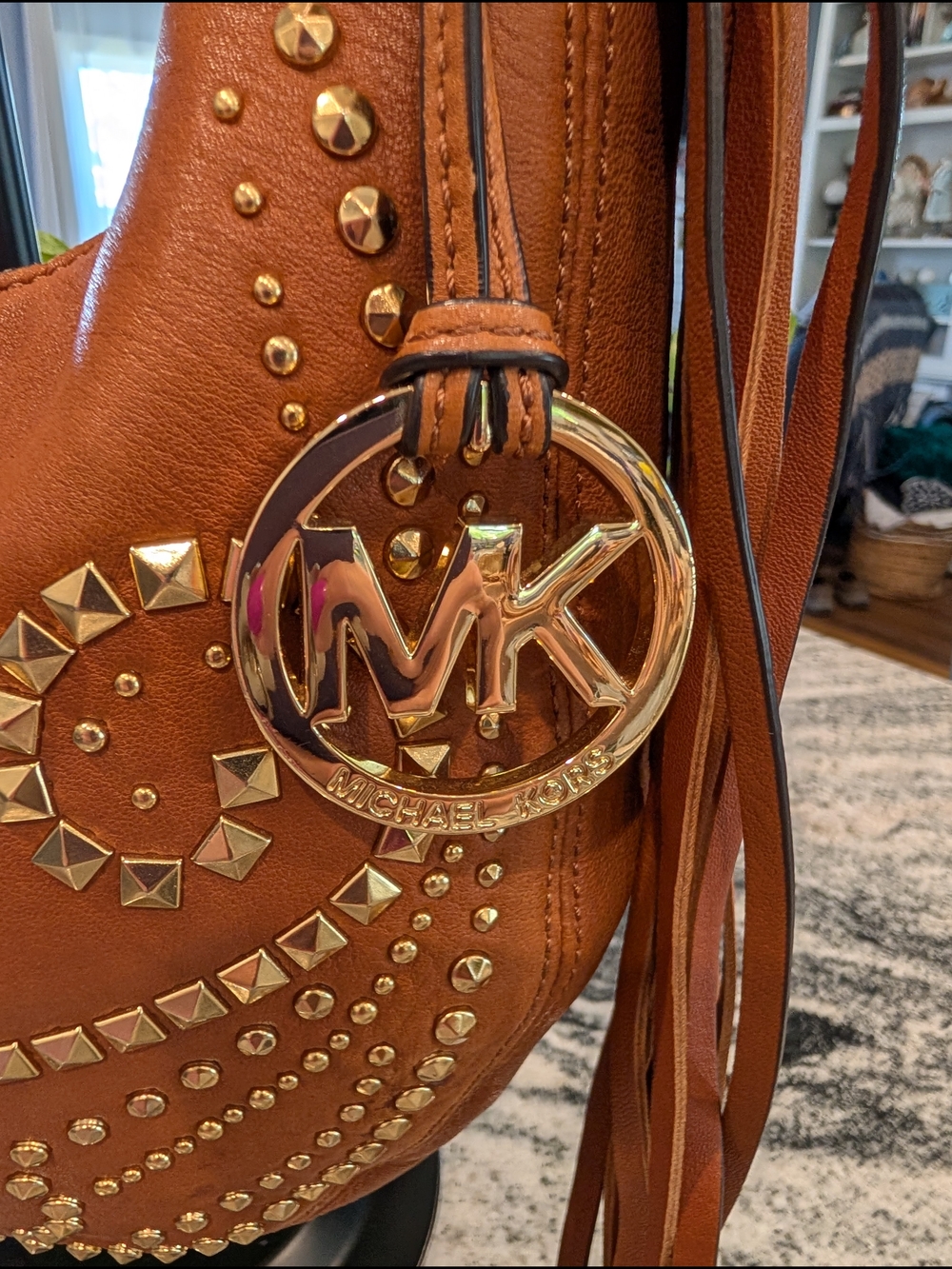 Michael Kors Rhea Tan Gold Studded Hobo Bag With Fringe - Picture 2 of 9